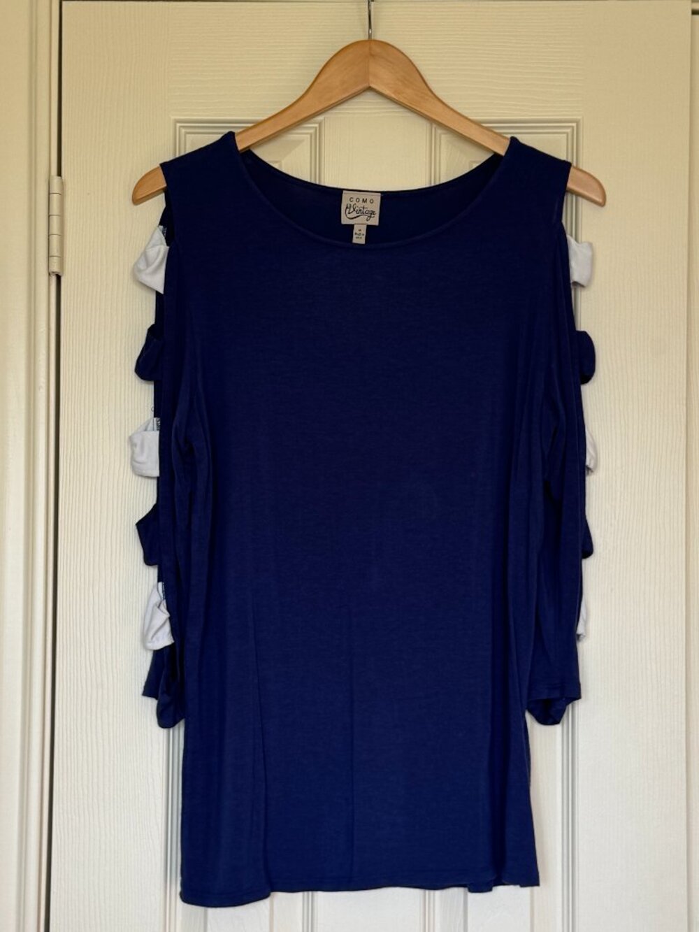 Como Vintage Sexy Cutout Long Sleeve Blue and White Top Size M Made in USA